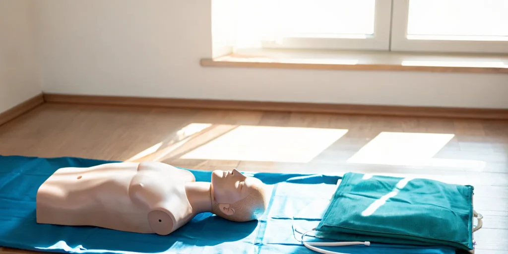 CPR manikin on mat for CPR training.